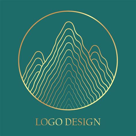 Mountain golden logo in minimal linear style. Vector round icon of landscape with hills ...