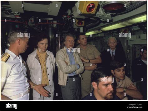 Rosalynn Carter, Jimmy Carter and Admiral Hyman Rickover aboard the submarine USS Los Angeles ...