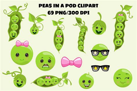 Peas in a Pod Clipart, Kawaii Pea Pod Clipart Bundle Set, PNG ...