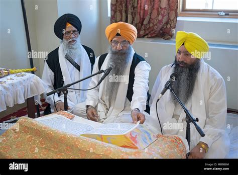 Sikh priest, Granthis, reading Sri Guru Granth Sahib, which is the Holy ...