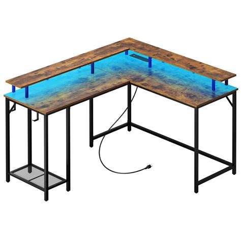 SUPERJARE L Shaped Gaming Desk with Power Outlets & LED Lights ...