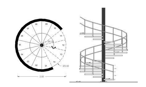 Layout plan with elevation of a spiral staircase - Cadbull