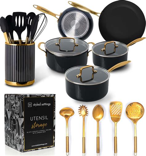 Amazon.com: STYLED SETTINGS x The Broadmoor House Black and Gold Kitchen Accessories - 28PC ...