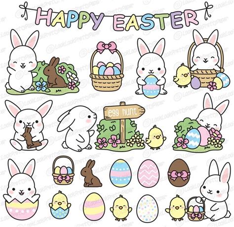 Premium Vector Clipart Kawaii Easter Cute Easter Clipart Set Easter Bunny High Quality Vectors ...