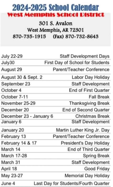 West Memphis School District Calendar 2025 - Tarra Francine