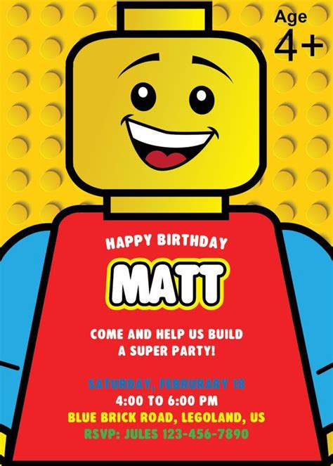 Lego Birthday Party Invitation, Lego Party Invite, Lego man guy ...