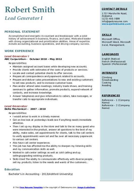 Lead Generator Resume Samples | QwikResume