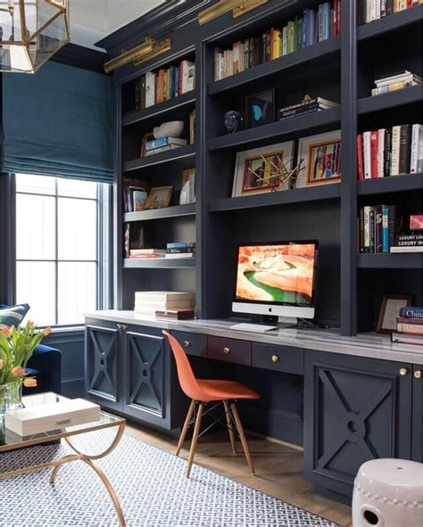 built-ins, darker paint color, space for computer screen(s) against the wall | Home office decor ...