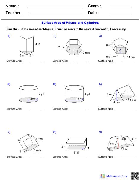 Surface Area And Volume Worksheet