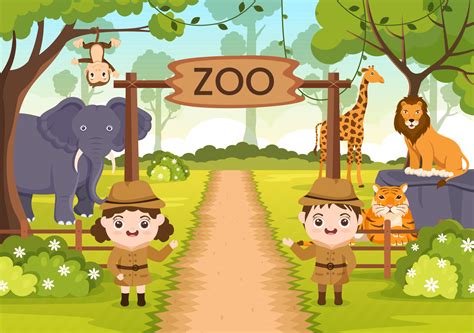 Zoo Cartoon Illustration with Safari Animals Elephant, Giraffe, Lion, Monkey, Panda, Zebra and ...