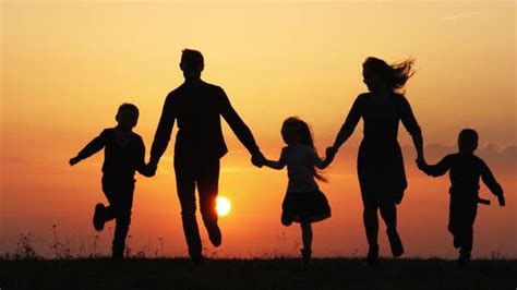 Silhouettes of Family Holding the Hands and Running in the Meadow During Sunset, Stock Footage