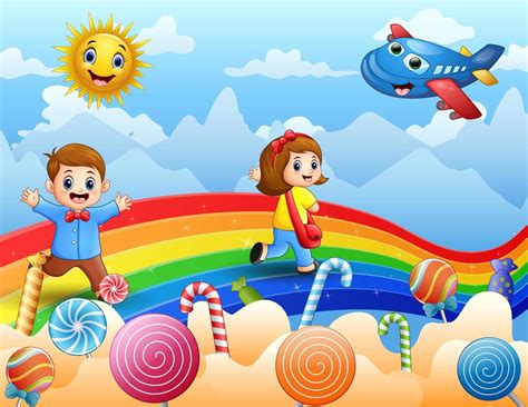 Kids walking on a rainbow and candies background 6413741 Vector Art at ...