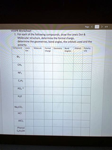 VSEPR Worksheet: For each of the following compounds, draw the Lewis Dot Molecular structure ...