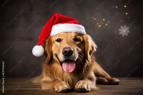 Divertido perro con un gorro de papa noel, celebrando la navidad en familia, perro feliz con ...