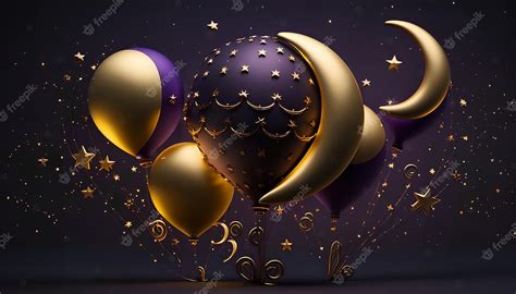 Premium AI Image | A purple and gold background with balloons and moon and stars.