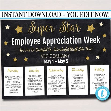 Staff Appreciation Week Itinerary Poster - Appreciation Week Schedule Events, Fundraiser ...