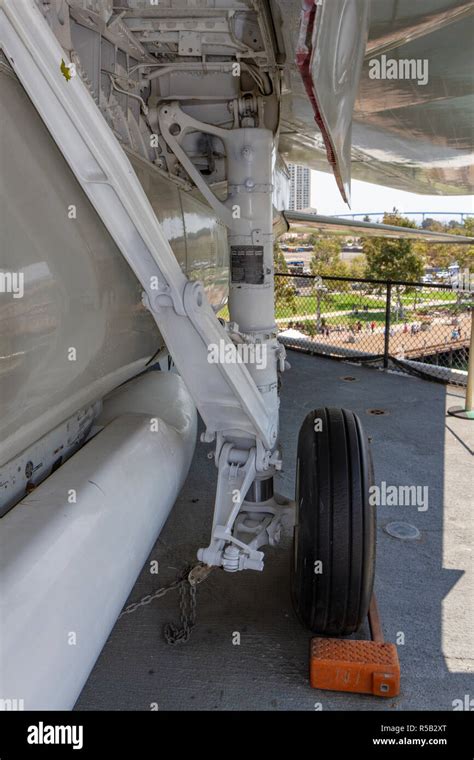 Landing gear or undercarriage of a F-14 Tomcat fighter aircraft, USS Midway Museum, San Diego ...