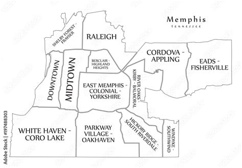 Modern City Map - Memphis Tennessee city of the USA with neighborhoods ...