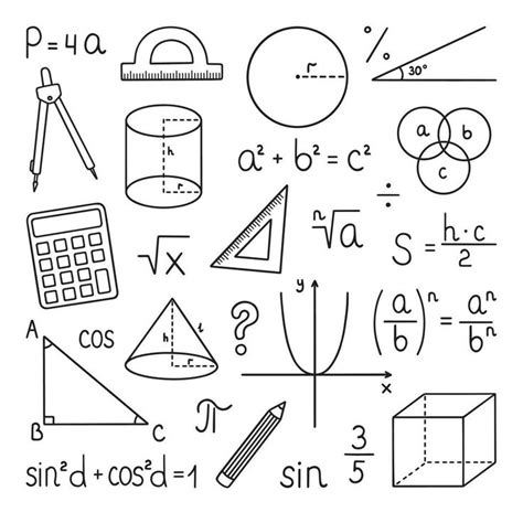 Mathematics doodle set. Education and study concept. School equipment, maths formulas in sketch ...