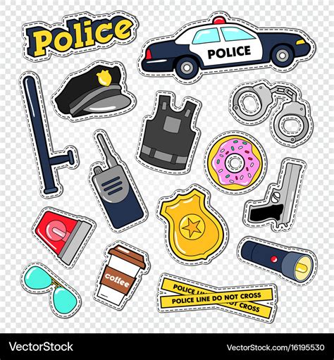 Policeman stickers and badges set with police car Vector Image