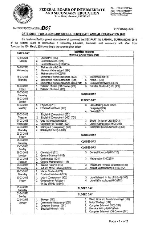 Federal Board 9th and 10th Class SSC Date Sheet 2020