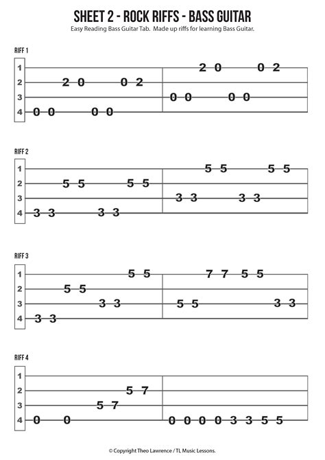 Sheet 2 - Rock Riffs for Learning Bass Guitar | Bass guitar scales ...