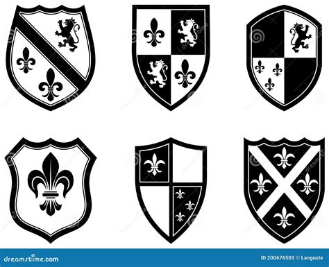 Knight Shield Set in Black and White on White Isolated Background ...