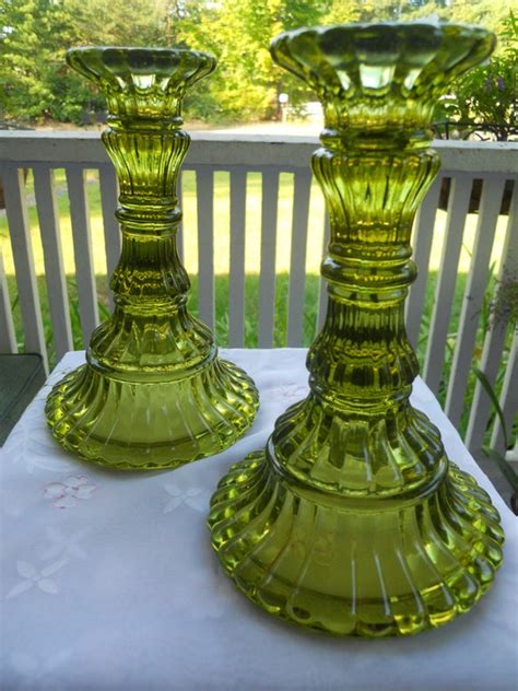 Items similar to Vintage Green Glass Candlesticks, Candle Holders, Antique on Etsy