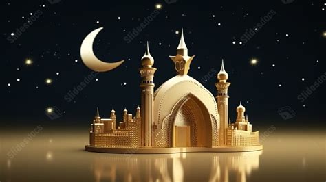 Islamic Iconography 3d Rendered Golden Crescent Moon And Star With Mosque Symbol Powerpoint ...