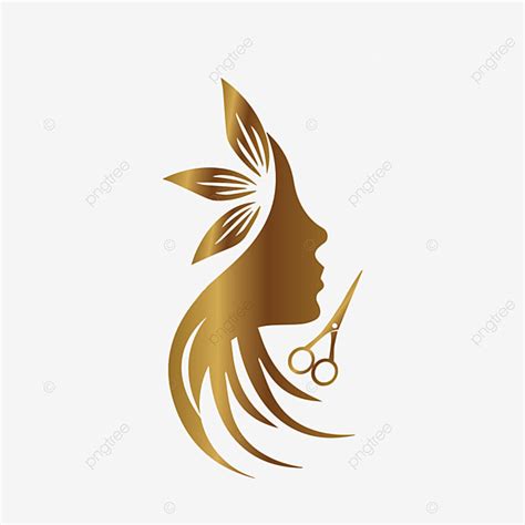 a woman's face with long hair and scissors in her hand, logo design