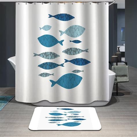 Fish Shabby Chic Blue Cloth 3D Printed Shower Curtain - Metal Pigeon