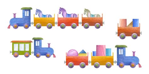 Watercolor set of kid wooden trains, horses, bricks. Multicolor illustration for poster ...