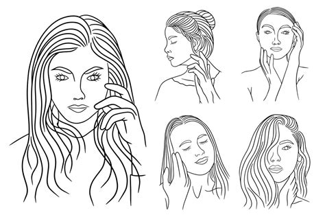 Set Bundle Line Art Drawing Simple Women Modeling Head and Face Pose ...