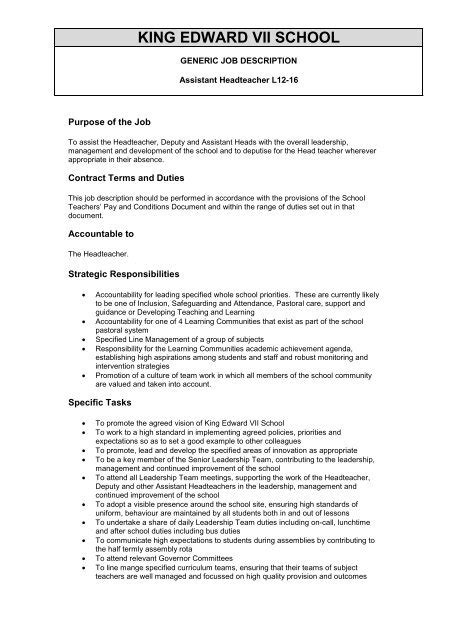 Assistant Head Teacher - Job Description - King Edward VII High ...