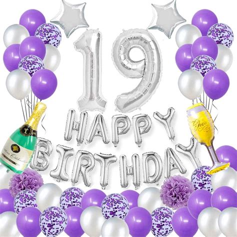 Amazon.com: Happy 19TH Birthday Party Decorations Pack-Purple Silver Theme Happy Birthday Banner ...