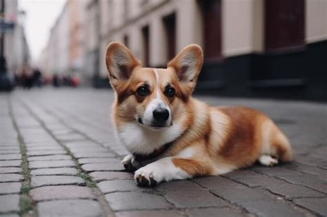 Premium Photo | Funny cute breed welsh corgi lying on the asphalt near ...