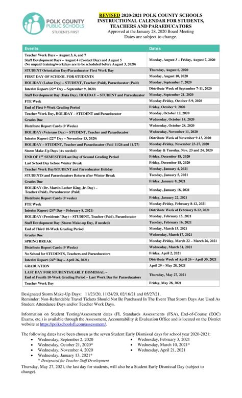 Polk County School Calendars for 2020-21 {includes Private & Charter}