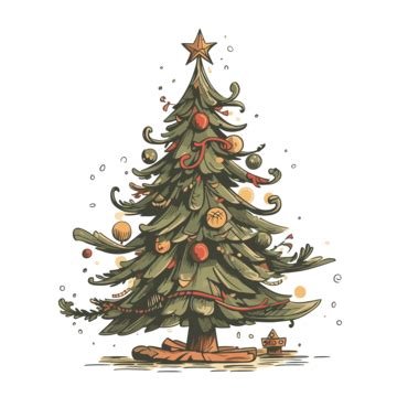 Vintage Christmas Tree, Sticker Clipart Christmas Tree Vector Hand Drawn Illustration Cartoon ...