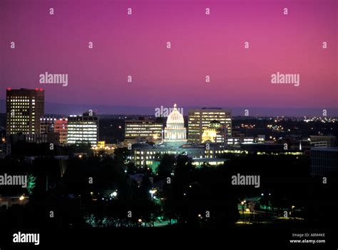 USA IDAHO BOISE Aerial view of downtown skyline at night and Idaho ...