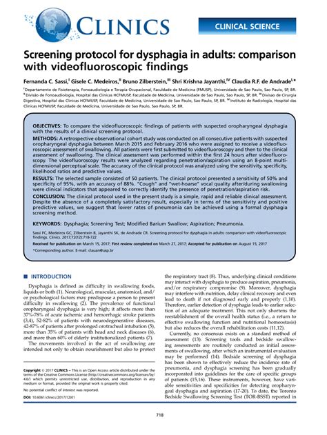 (PDF) Screening protocol for dysphagia in adults: Comparison with videofluoroscopic findings