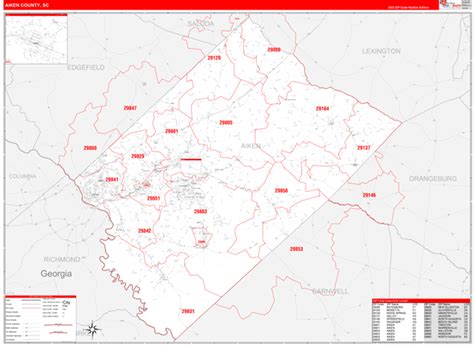 Aiken County, SC Zip Code Wall Map Red Line Style by MarketMAPS - MapSales