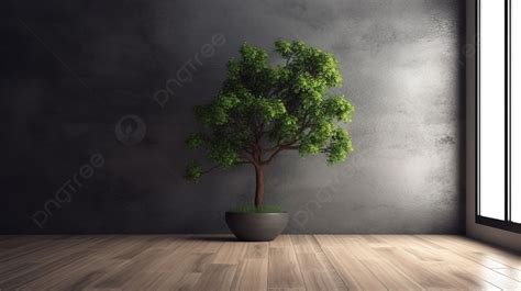 Minimalist 3d Interior Grey Wall And Wooden Floor With Green Tree And Space For Text Background ...