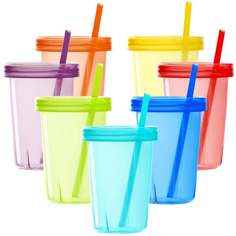 Buy Youngever 7 Pack Plastic Kids Cups with Lids and Straws, 7 Re-usable Toddler Cups with ...