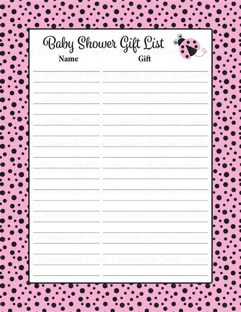 Baby Shower Gift List & Sign - Printable Pink Black Ladybug Baby Shower ...