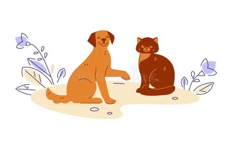 Cat and Dog in Nature. Vector Illustration in Flat Cartoon Style. Stock Vector - Illustration of ...