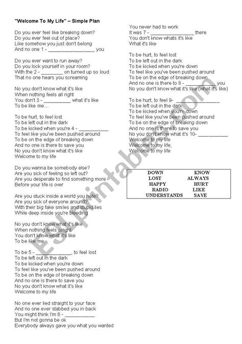 English worksheets: WELCOME TO MY LIFE - SIMPLE PLAN