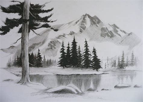 Snowy Mountain Lake Drawing