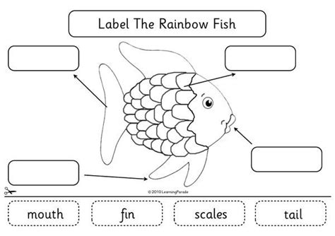 the label rainbow fish worksheet is shown in black and white, with words below it