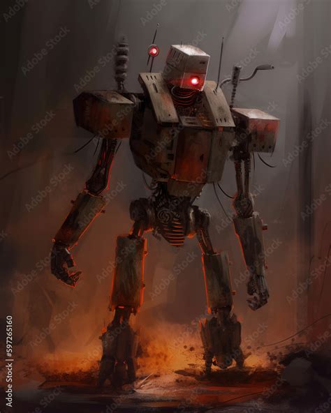 painting of a robot in a post-apocalyptic world, with rusted metal ...