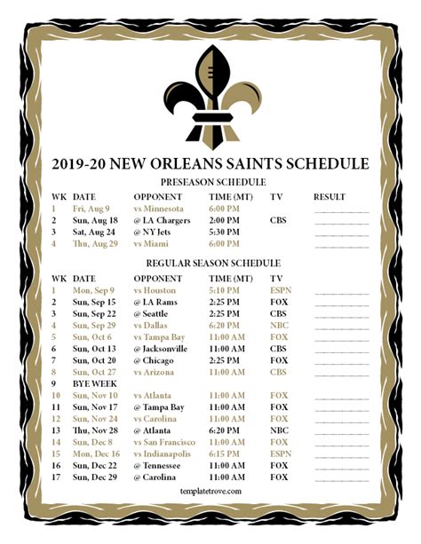 Printable 2019-2020 New Orleans Saints Schedule